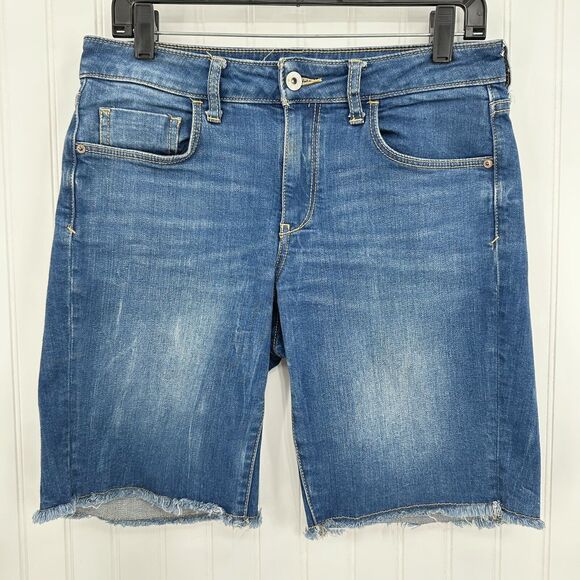 PILCRO Shorts Womens 28 Slim Bermuda Midrise Blue Jean Denim Fray Anthropologie - Picture 1 of 12